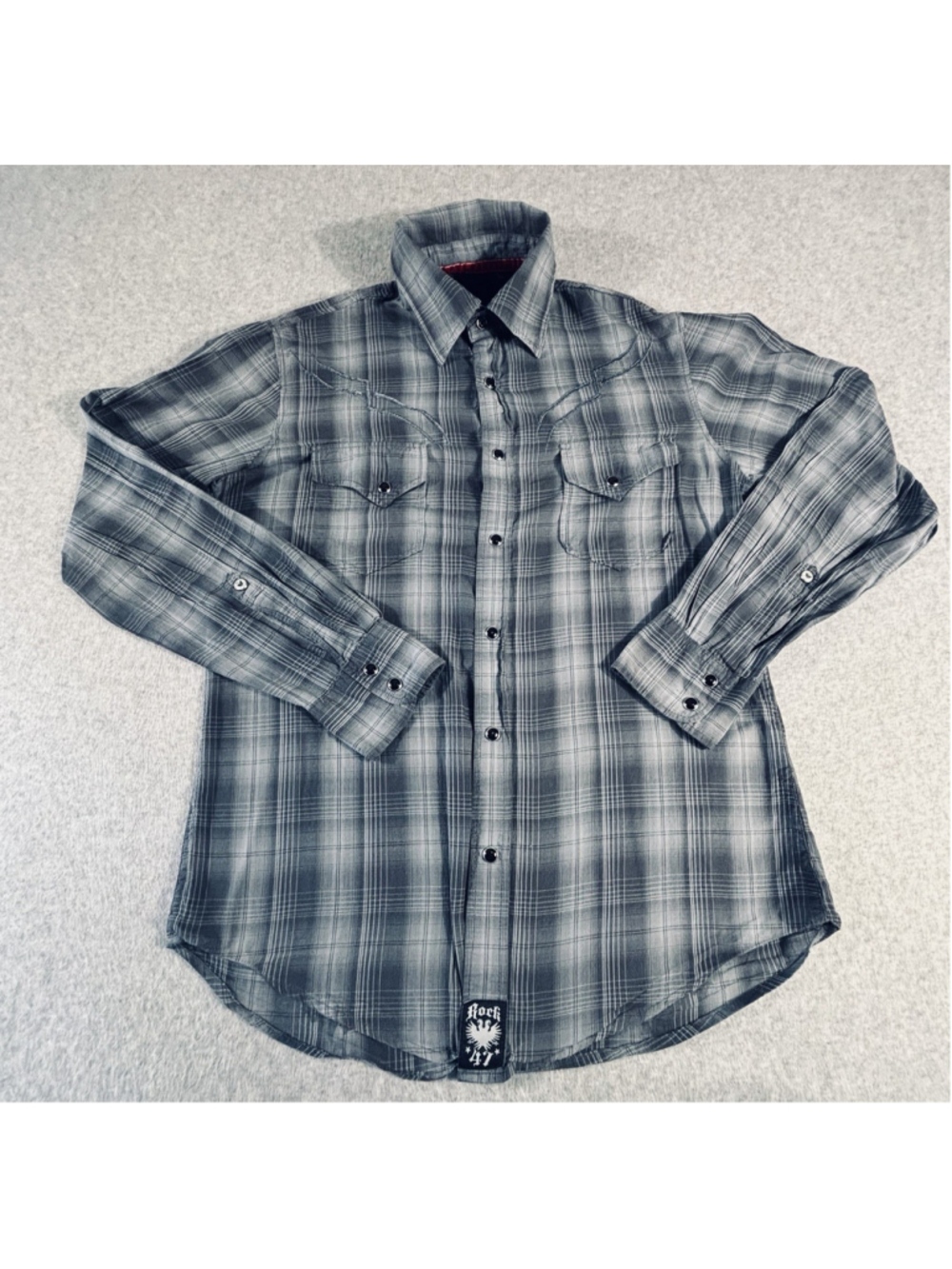 Rock 47 Mens Medium Gray Plaid Western Snap Shirt Embroidered Skull Long Sleeve